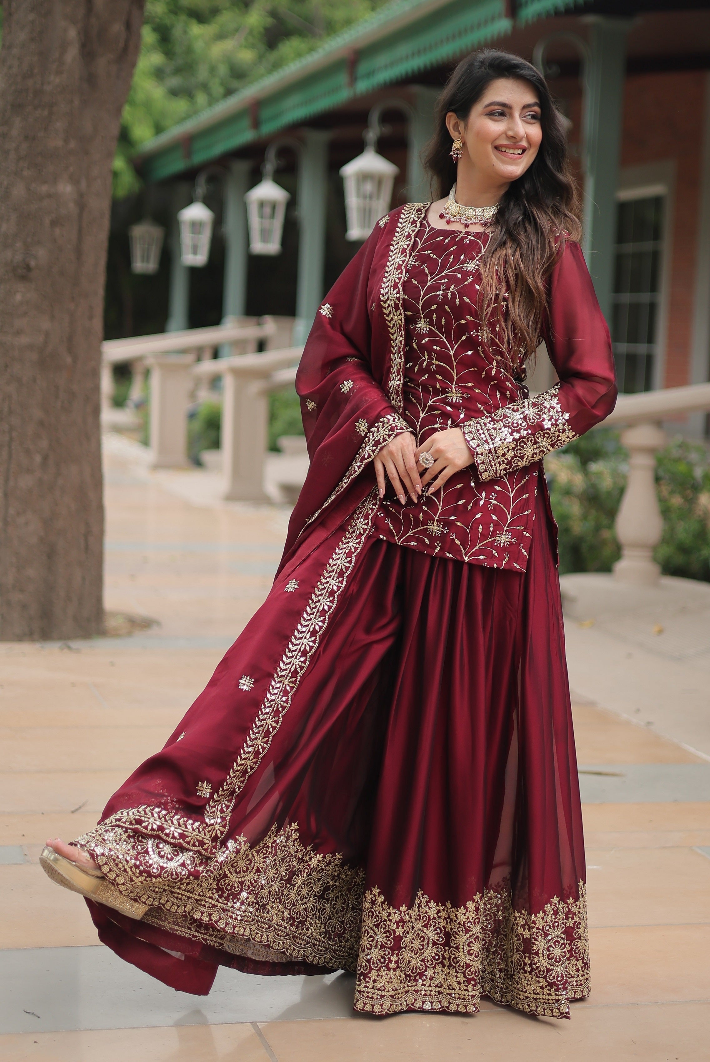 Vedant Vastram Heavy Embroidery & Sequins Work Rangoli Silk Kurti Plazo Set With Dupatta - Maroon - Distacart