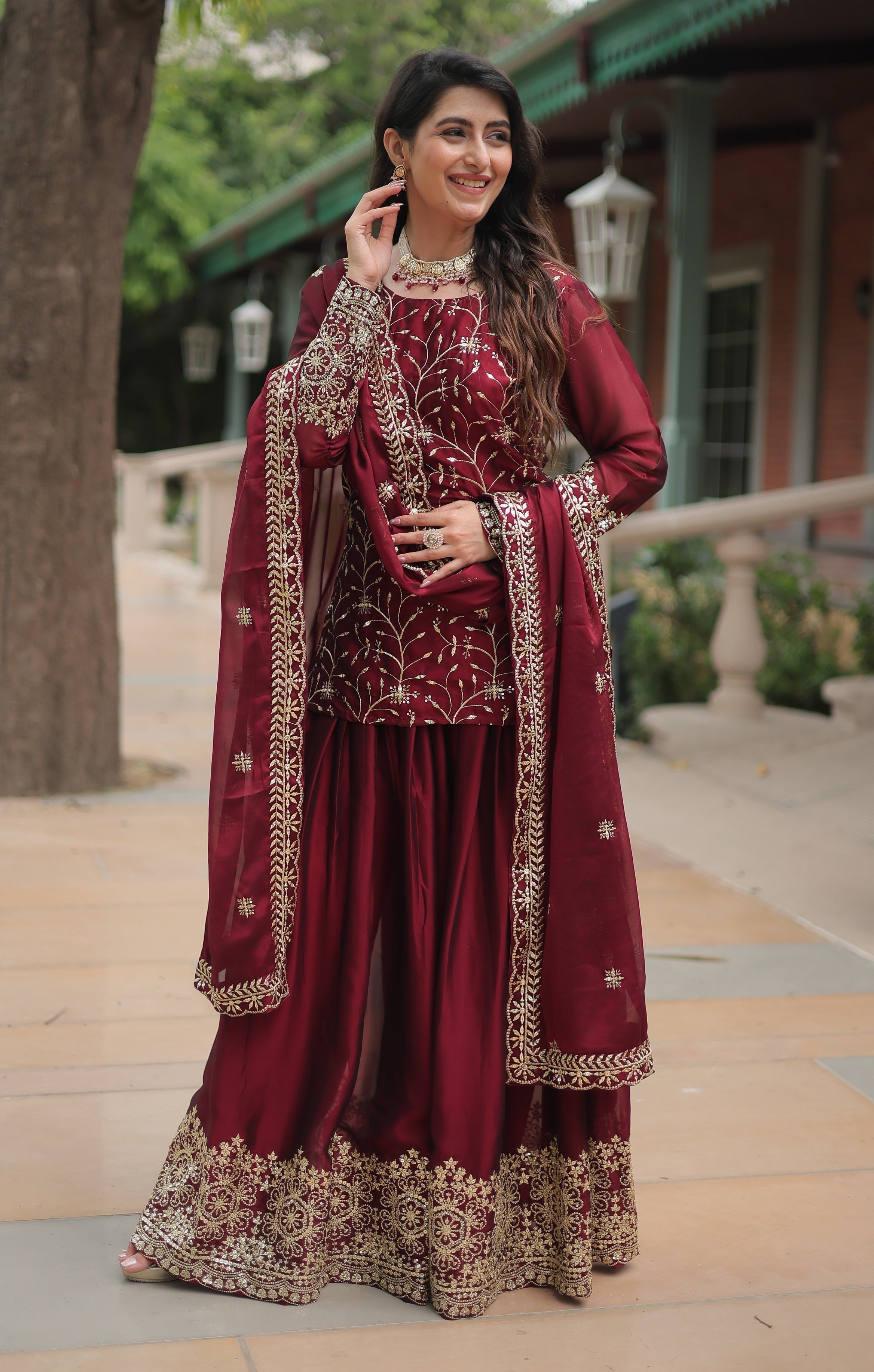 Vedant Vastram Heavy Embroidery & Sequins Work Rangoli Silk Kurti Plazo Set With Dupatta - Maroon - Distacart