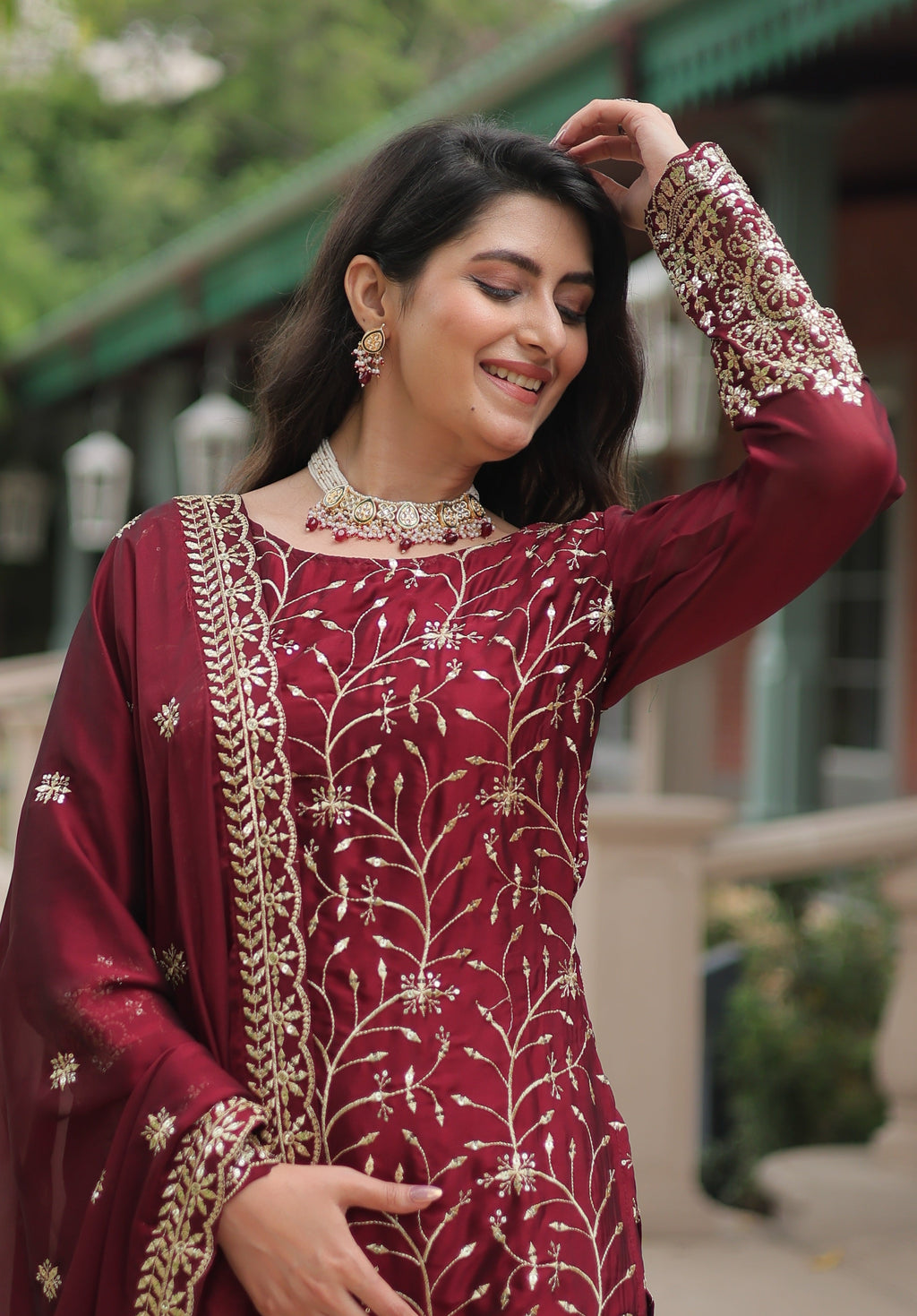 Vedant Vastram Heavy Embroidery & Sequins Work Rangoli Silk Kurti Plazo Set With Dupatta - Maroon - Distacart