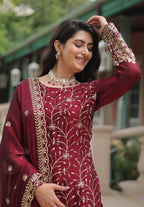 Vedant Vastram Heavy Embroidery & Sequins Work Rangoli Silk Kurti Plazo Set With Dupatta - Maroon - Distacart