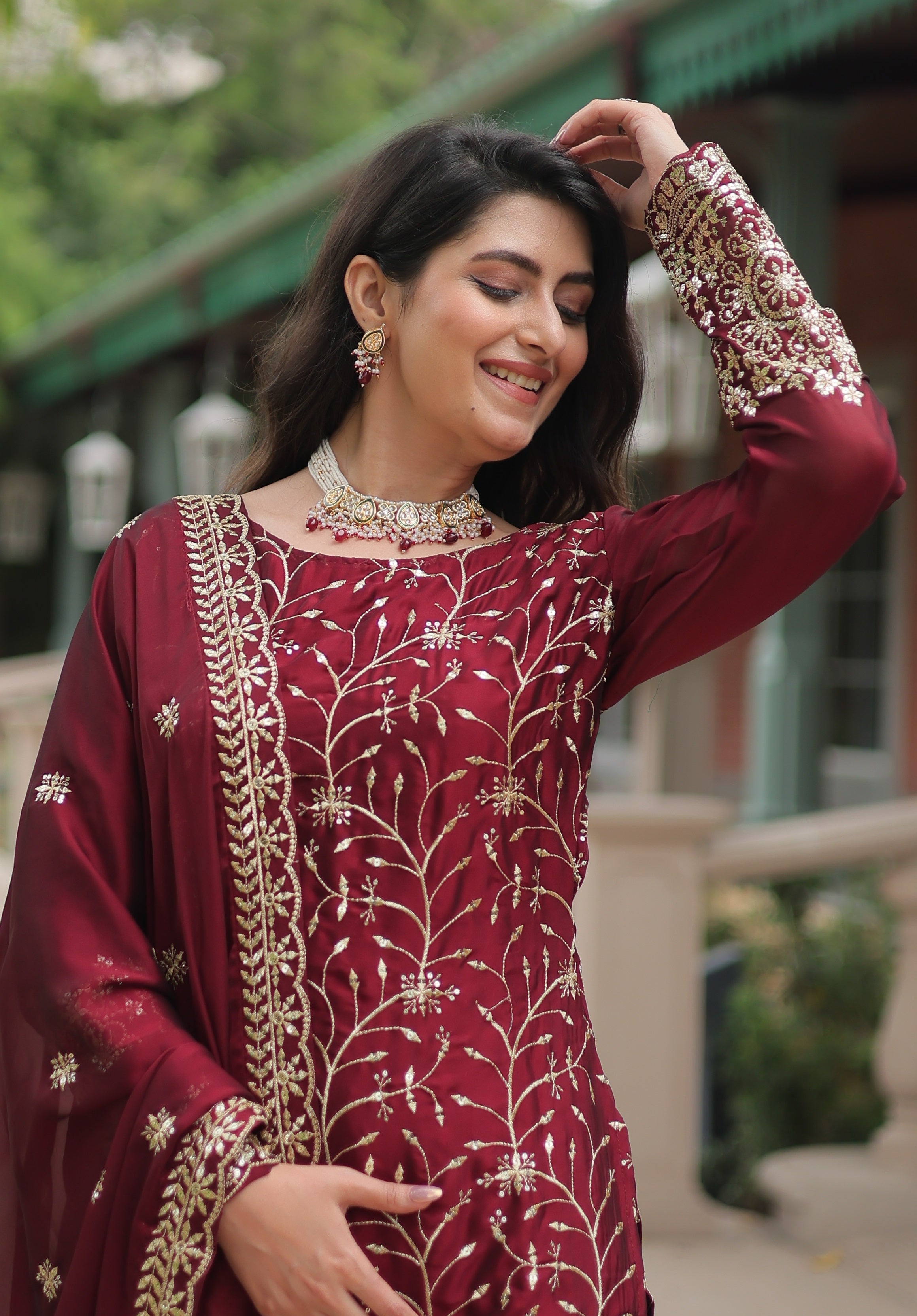 Vedant Vastram Heavy Embroidery & Sequins Work Rangoli Silk Kurti Plazo Set With Dupatta - Maroon - Distacart