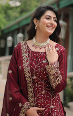 Vedant Vastram Heavy Embroidery & Sequins Work Rangoli Silk Kurti Plazo Set With Dupatta - Maroon - Distacart