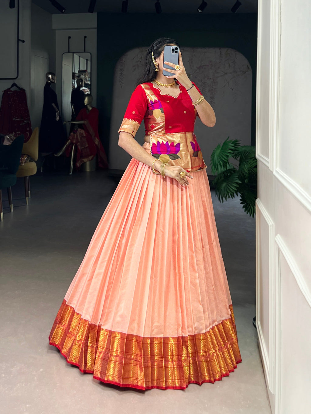Lorenvalley Fashion Peach Cotton Silk Zari Weaving Work Lehenga Choli - Distacart