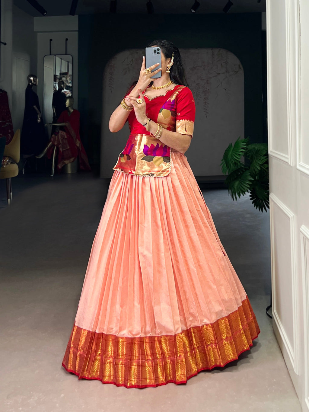 Lorenvalley Fashion Peach Cotton Silk Zari Weaving Work Lehenga Choli - Distacart