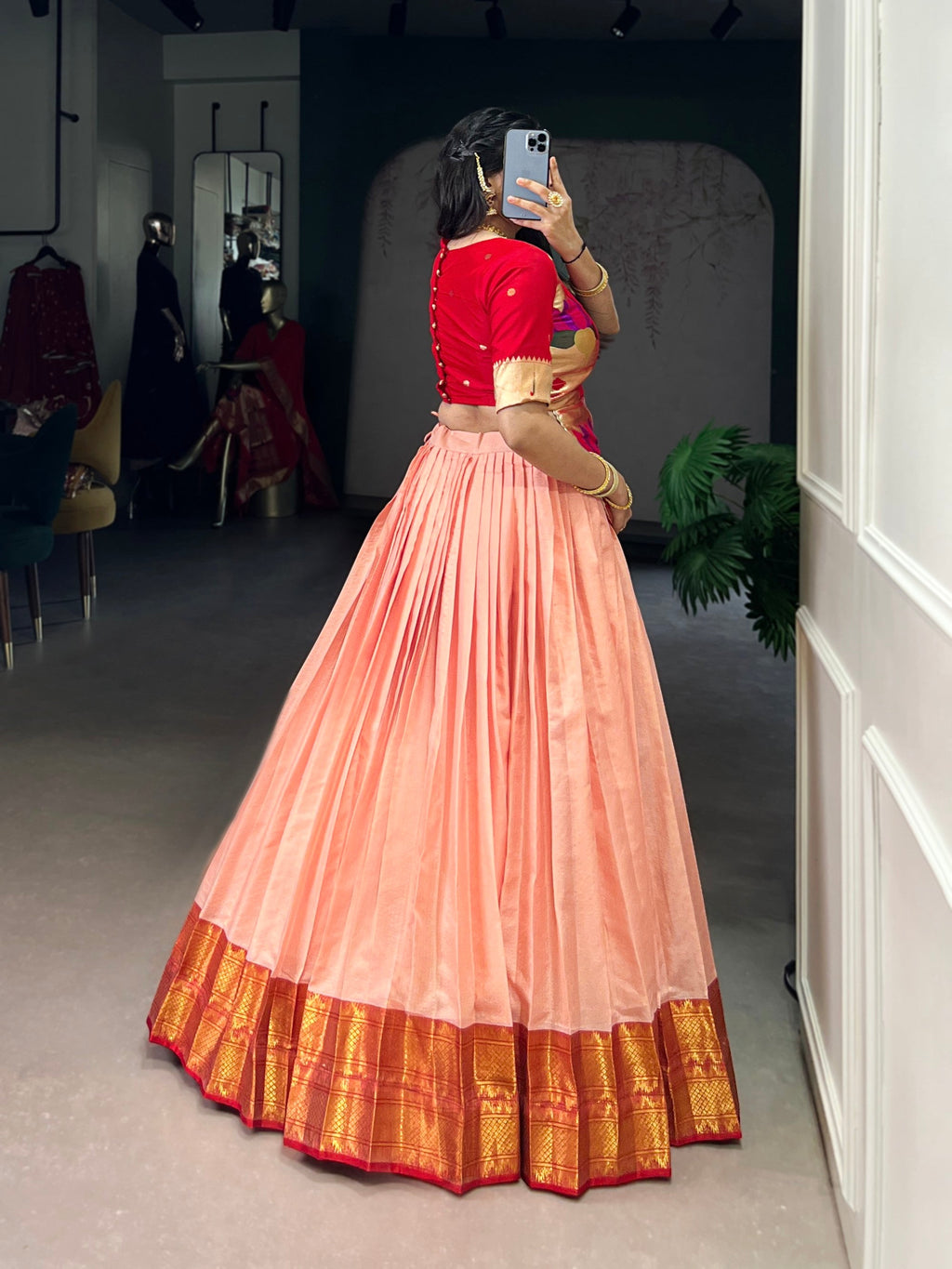 Lorenvalley Fashion Peach Cotton Silk Zari Weaving Work Lehenga Choli - Distacart