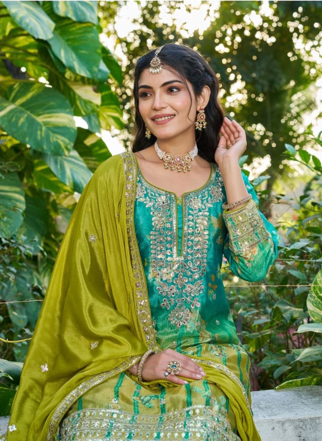 Anaita Sea Green Chinon Stitched Plazzo Suit With Digital Printed & Hand Work - Distacart
