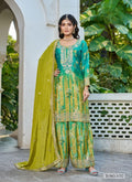 Anaita Sea Green Chinon Stitched Plazzo Suit With Digital Printed & Hand Work - Distacart