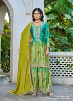 Anaita Sea Green Chinon Stitched Plazzo Suit With Digital Printed & Hand Work - Distacart