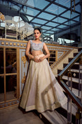 Lorenvalley Cream Gold Crush Fabric Plain Lehenga with Sequins and Thread Embroidery with Jarkan Diamond Work Choli and Dupatta