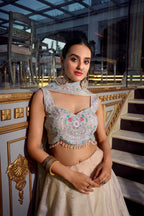 Lorenvalley Cream Gold Crush Fabric Plain Lehenga with Sequins and Thread Embroidery with Jarkan Diamond Work Choli and Dupatta