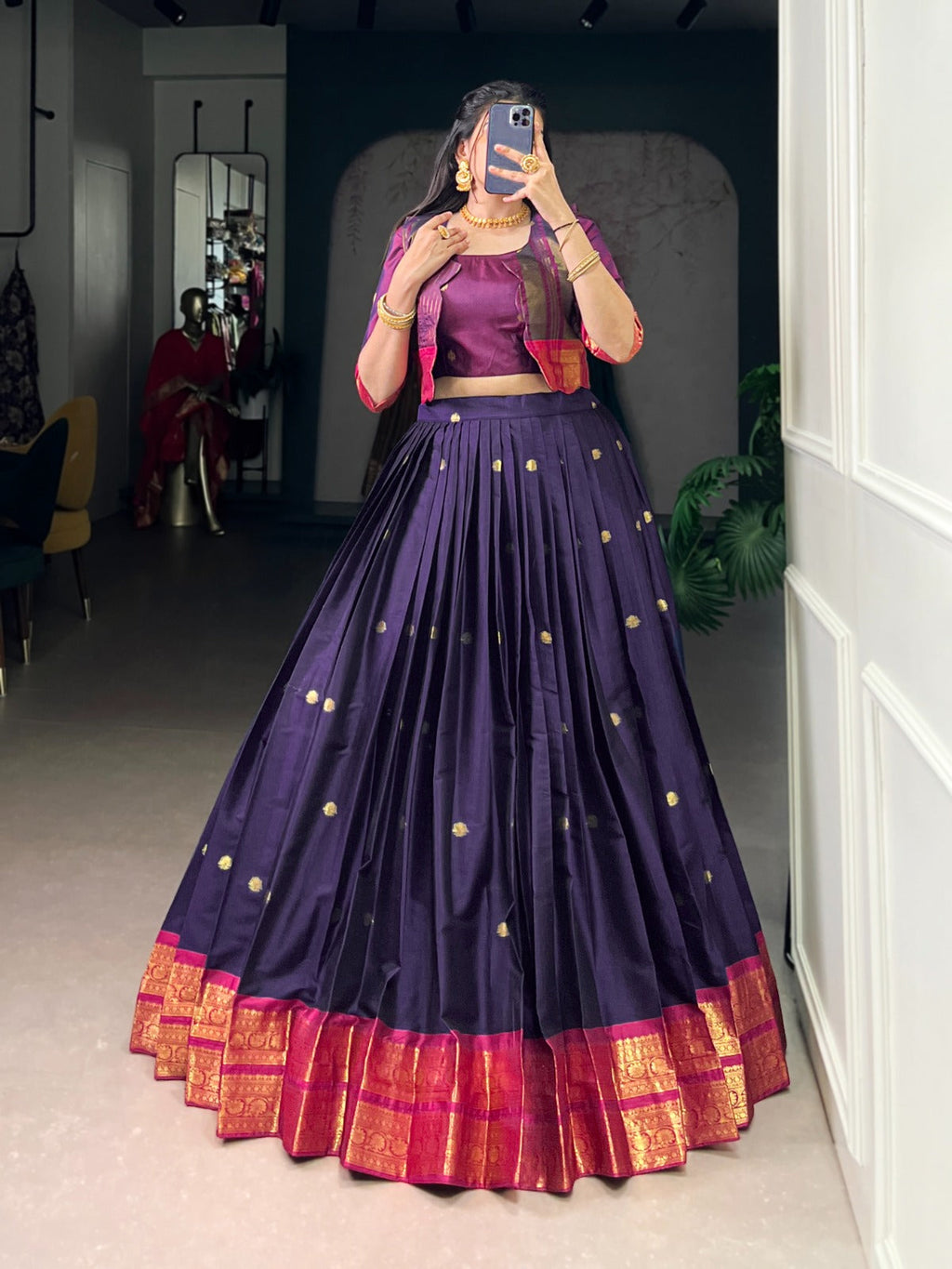 Lorenvalley Fashion Navyblue Poly Cotton Zari Weaving Work Lehenga Choli With Koti