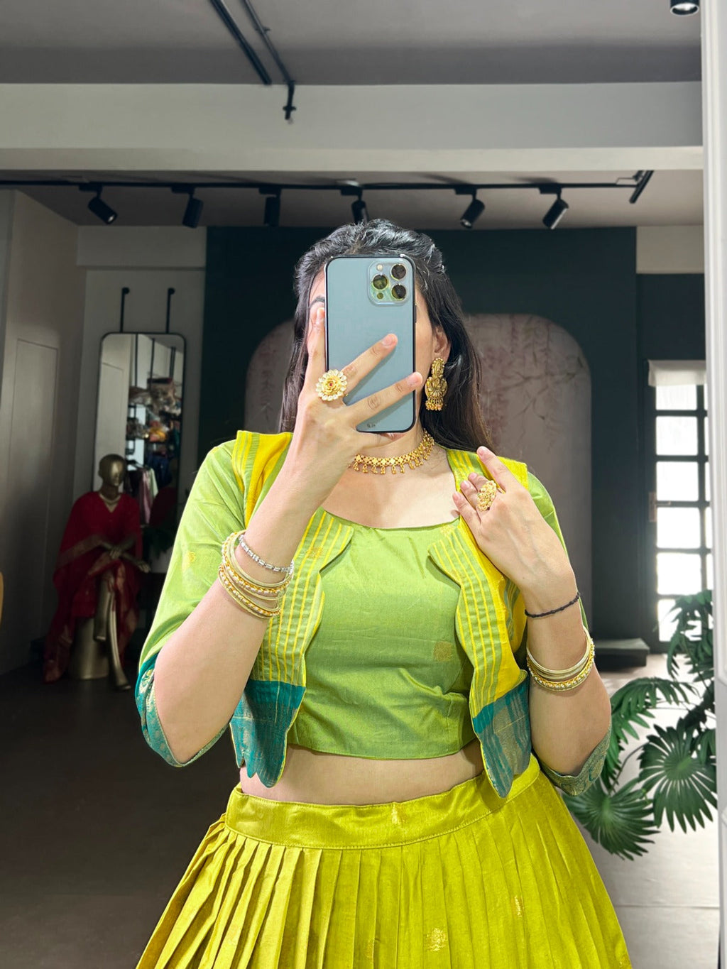 Lorenvalley Fashion Parotgreen Poly Cotton Zari Weaving Work Lehenga Choli With Koti