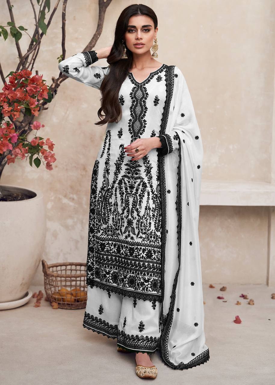 Lorenvalley White Chinon Embroidery With Sequince Work Salwar Kameez Stitched