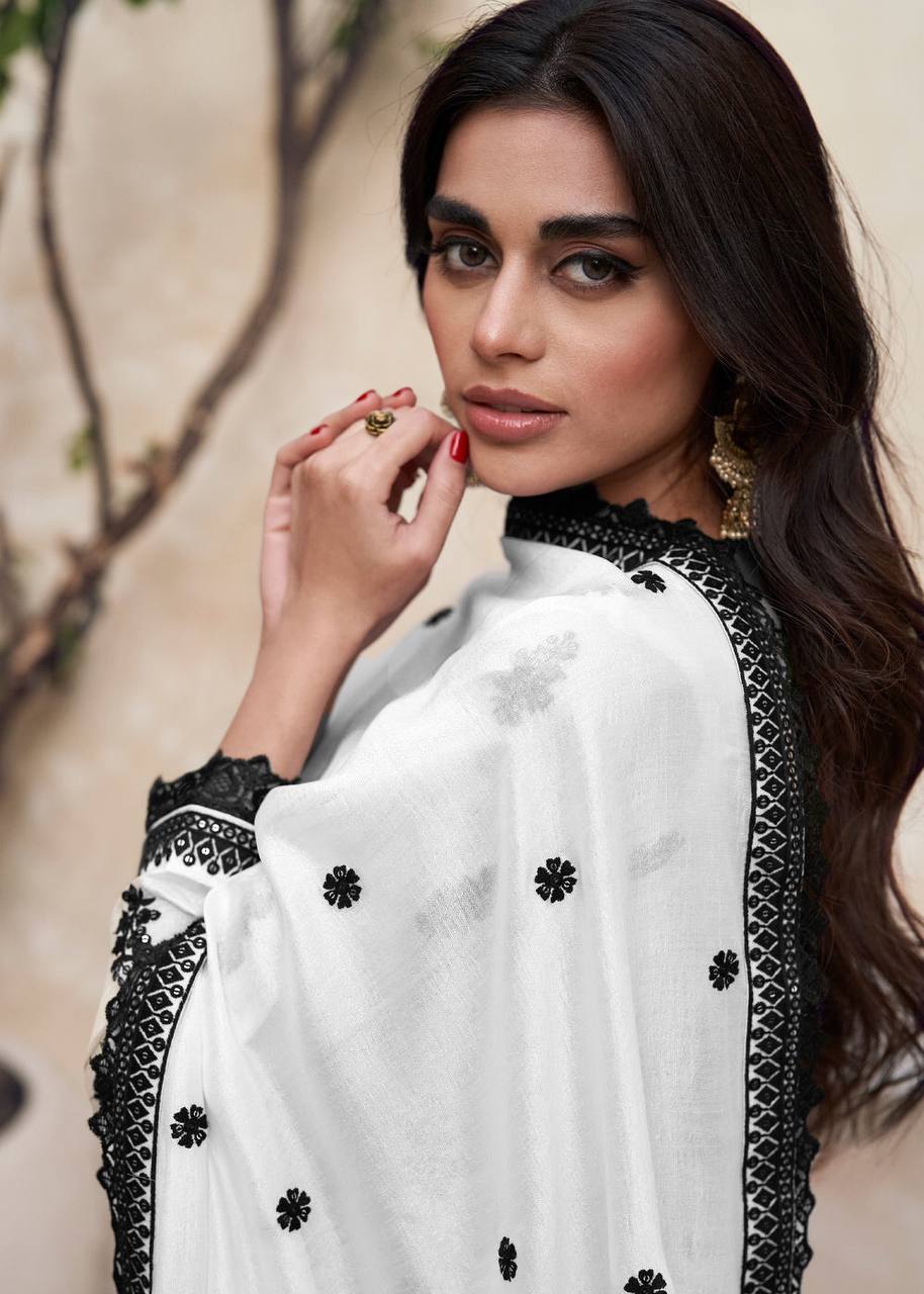 Lorenvalley White Chinon Embroidery With Sequince Work Salwar Kameez Stitched
