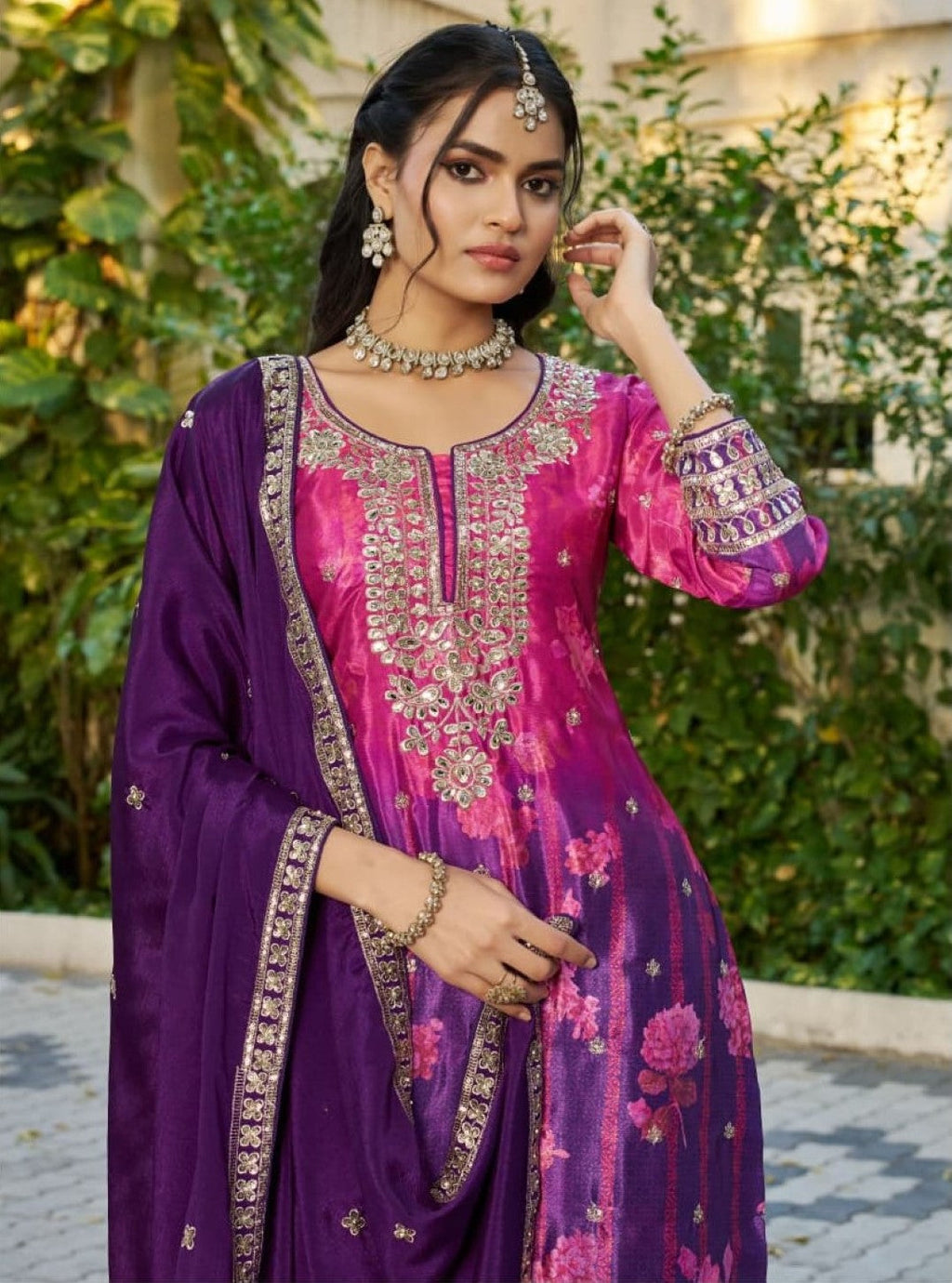 Anaita Purple Chinon Stitched Plazzo Suit With Digital Printed & Hand Work - Distacart