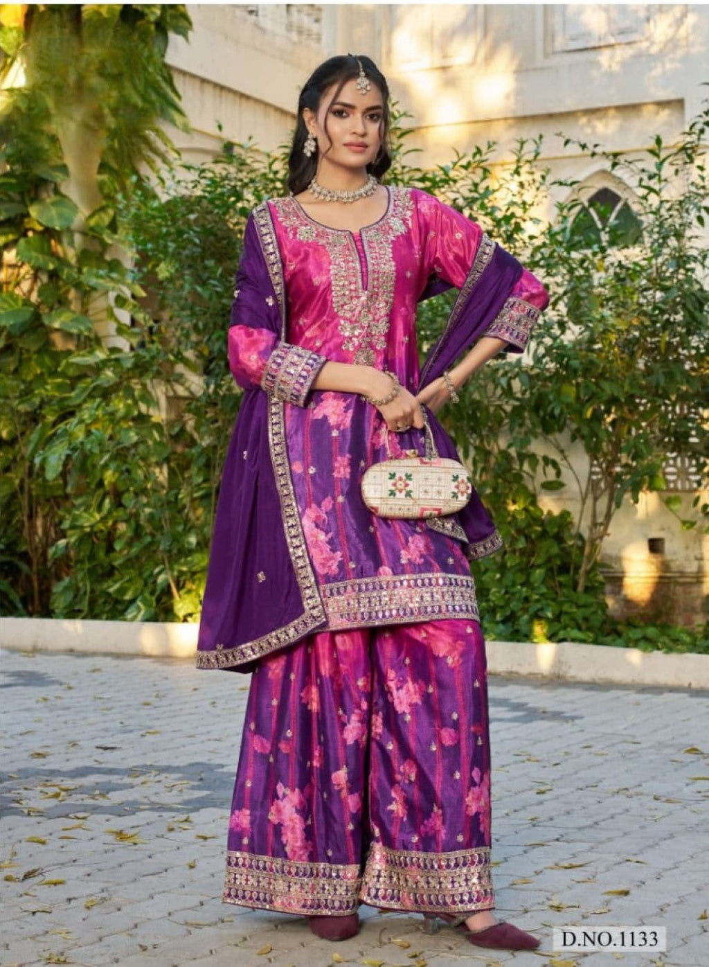 Anaita Purple Chinon Stitched Plazzo Suit With Digital Printed & Hand Work - Distacart