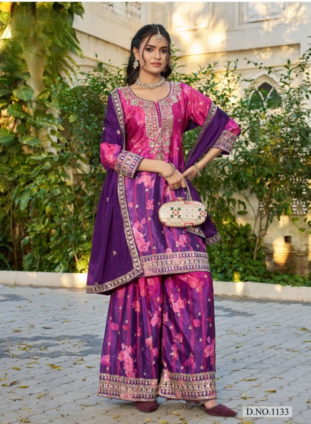Anaita Purple Chinon Stitched Plazzo Suit With Digital Printed & Hand Work - Distacart