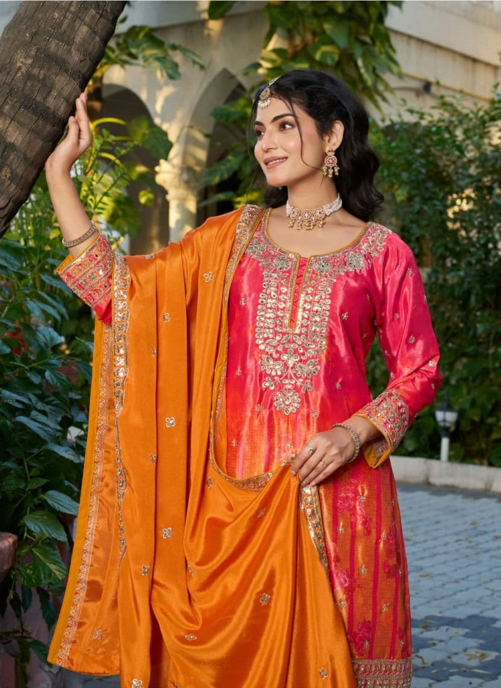 Anaita Orange Chinon Stitched Plazzo Suit With Digital Printed & Hand Work - Distacart