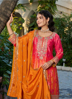 Anaita Orange Chinon Stitched Plazzo Suit With Digital Printed & Hand Work - Distacart