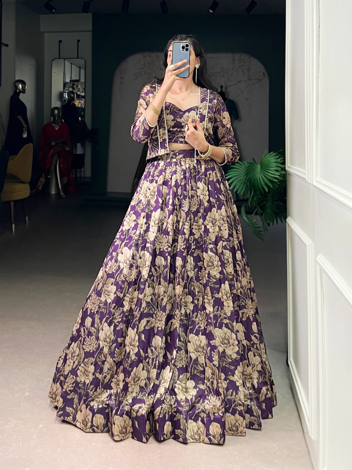 Lorenvalley Fashion Viovet Tasar Silk Floral Print Lehenga Choli with Koti