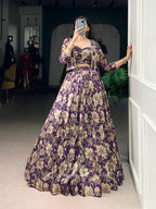 Lorenvalley Fashion Viovet Tasar Silk Floral Print Lehenga Choli with Koti