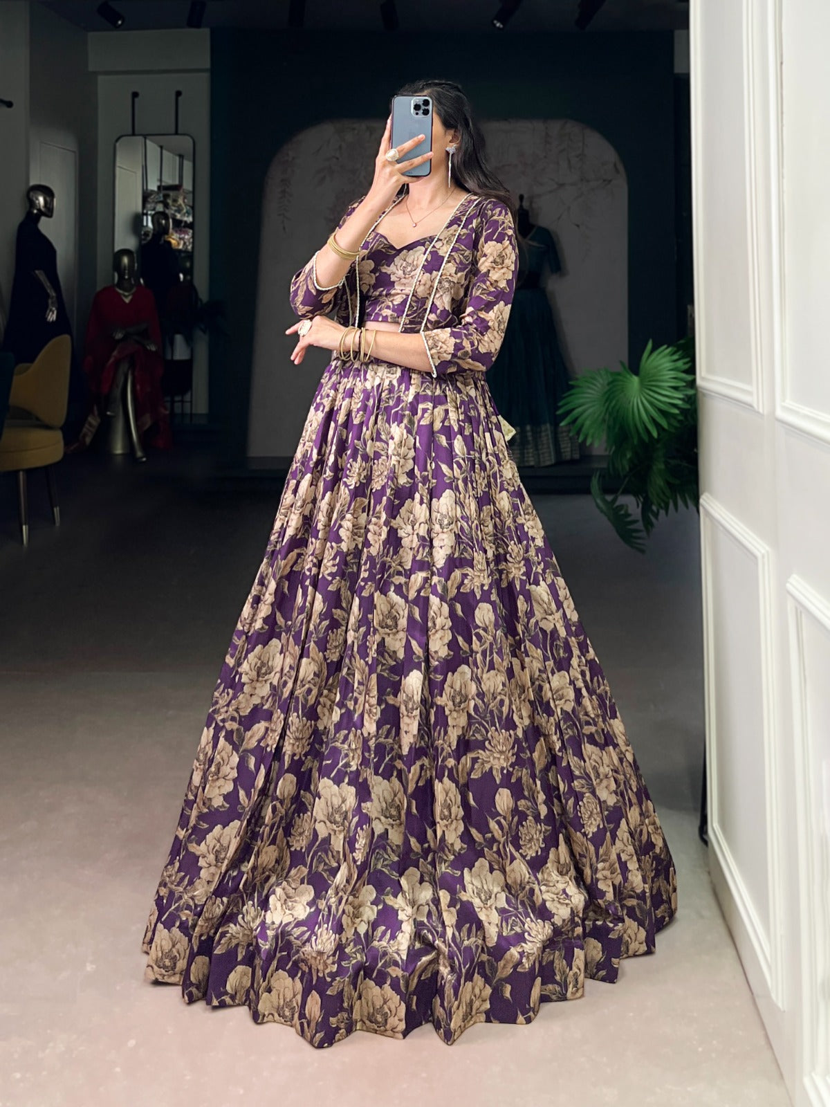 Lorenvalley Fashion Viovet Tasar Silk Floral Print Lehenga Choli with Koti