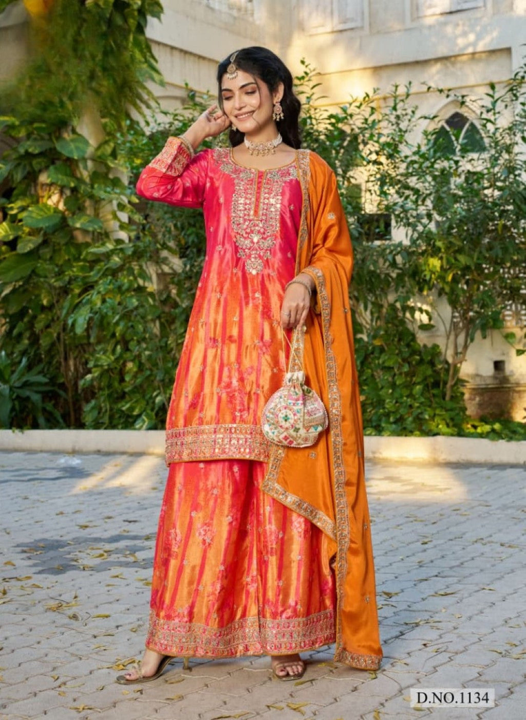 Anaita Orange Chinon Stitched Plazzo Suit With Digital Printed & Hand Work - Distacart