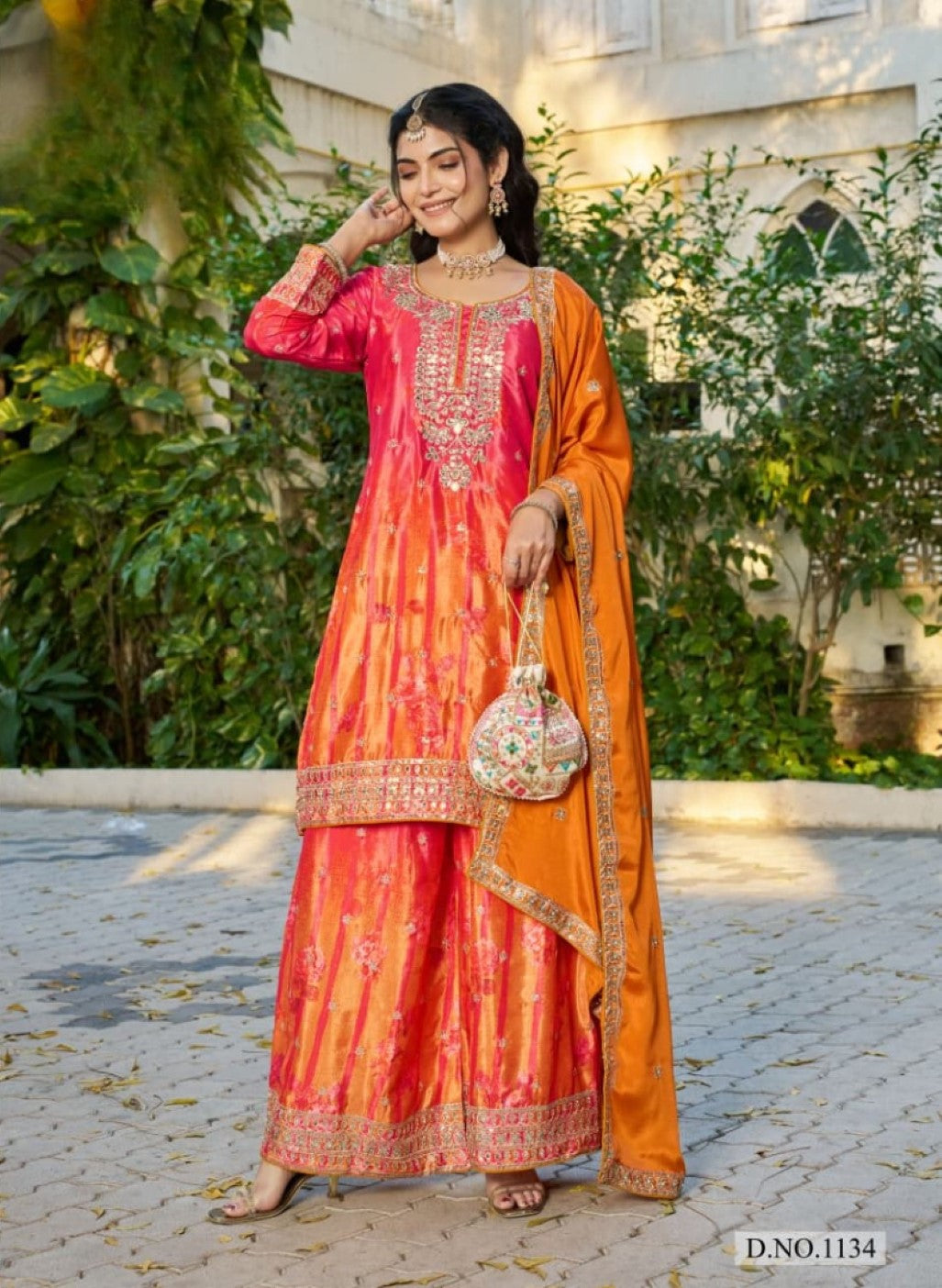 Anaita Orange Chinon Stitched Plazzo Suit With Digital Printed & Hand Work - Distacart