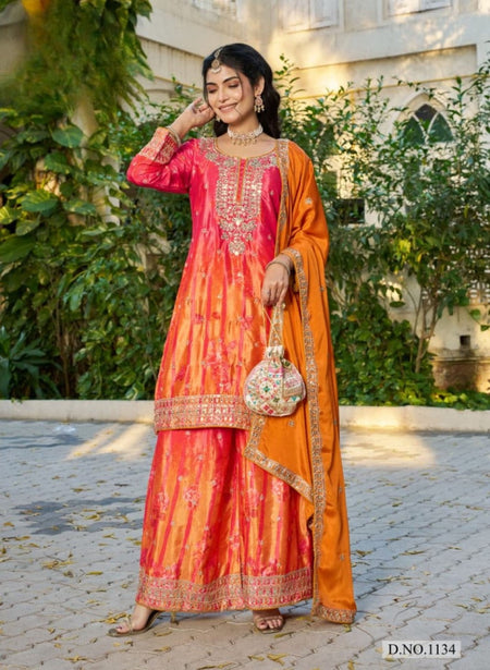 Anaita Orange Chinon Stitched Plazzo Suit With Digital Printed & Hand Work