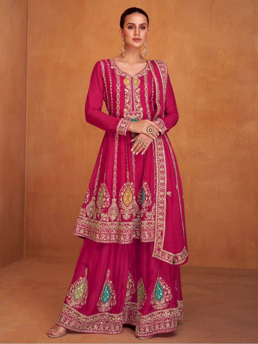 Lorenvalley Magenta Chinon Embroidery With Sequince Work Salwar Kameez Stitched