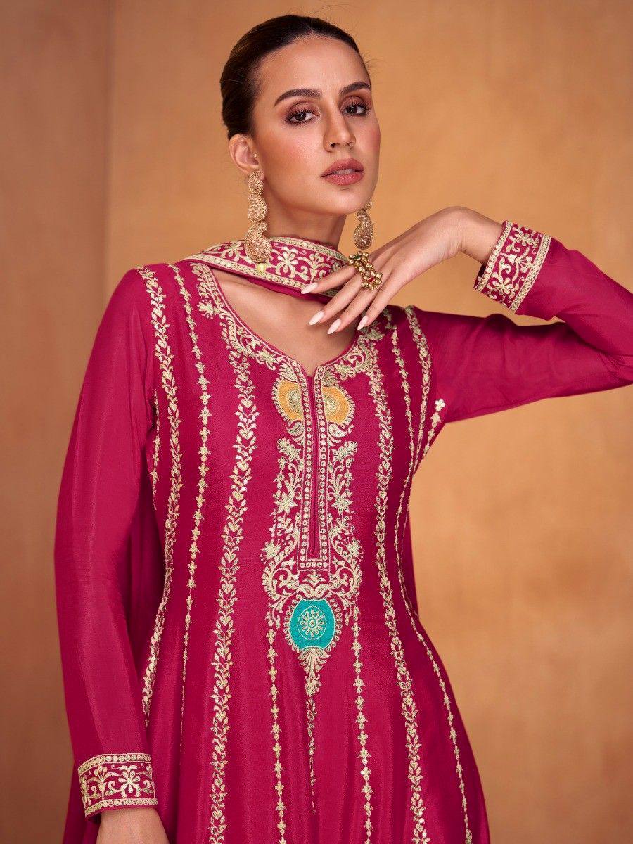 Lorenvalley Magenta Chinon Embroidery With Sequince Work Salwar Kameez Stitched