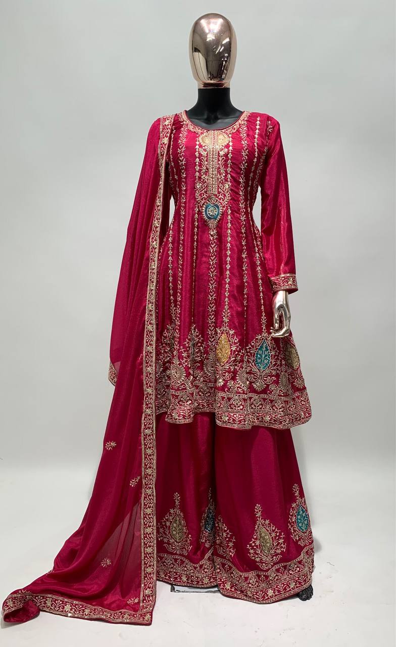 Lorenvalley Magenta Chinon Embroidery With Sequince Work Salwar Kameez Stitched