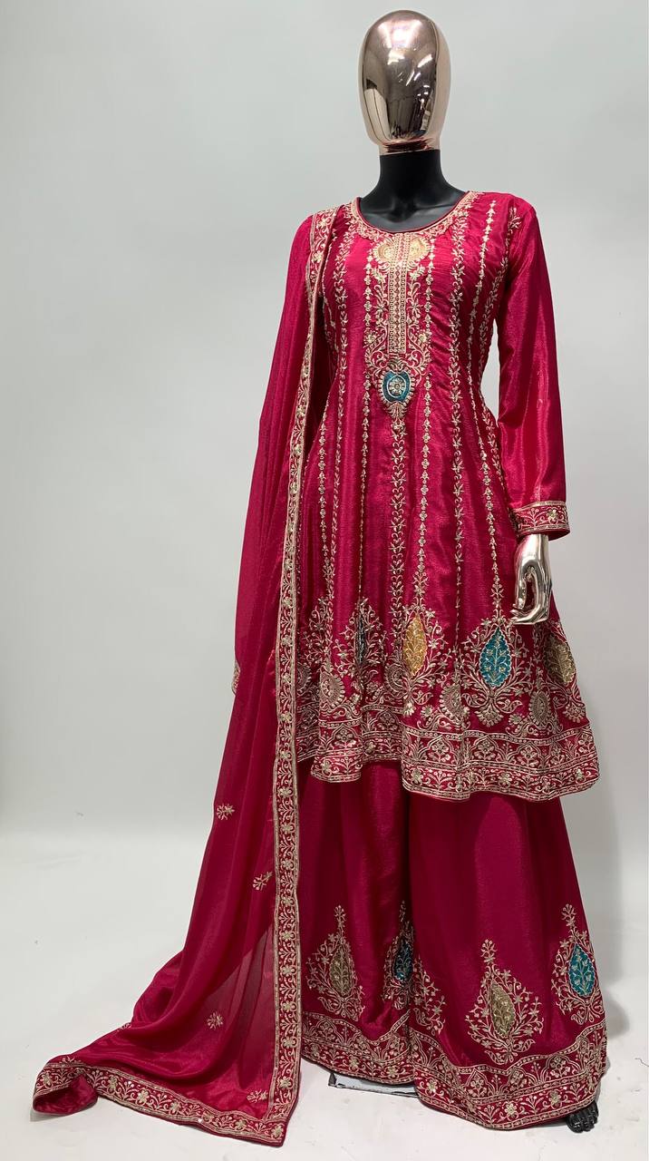 Lorenvalley Magenta Chinon Embroidery With Sequince Work Salwar Kameez Stitched