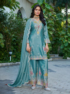 Anaita Sky Blue Chinon Stitched Plazzo Suit With Dhaga & Sequence Work - Distacart