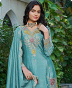 Anaita Sky Blue Chinon Stitched Plazzo Suit With Dhaga & Sequence Work - Distacart