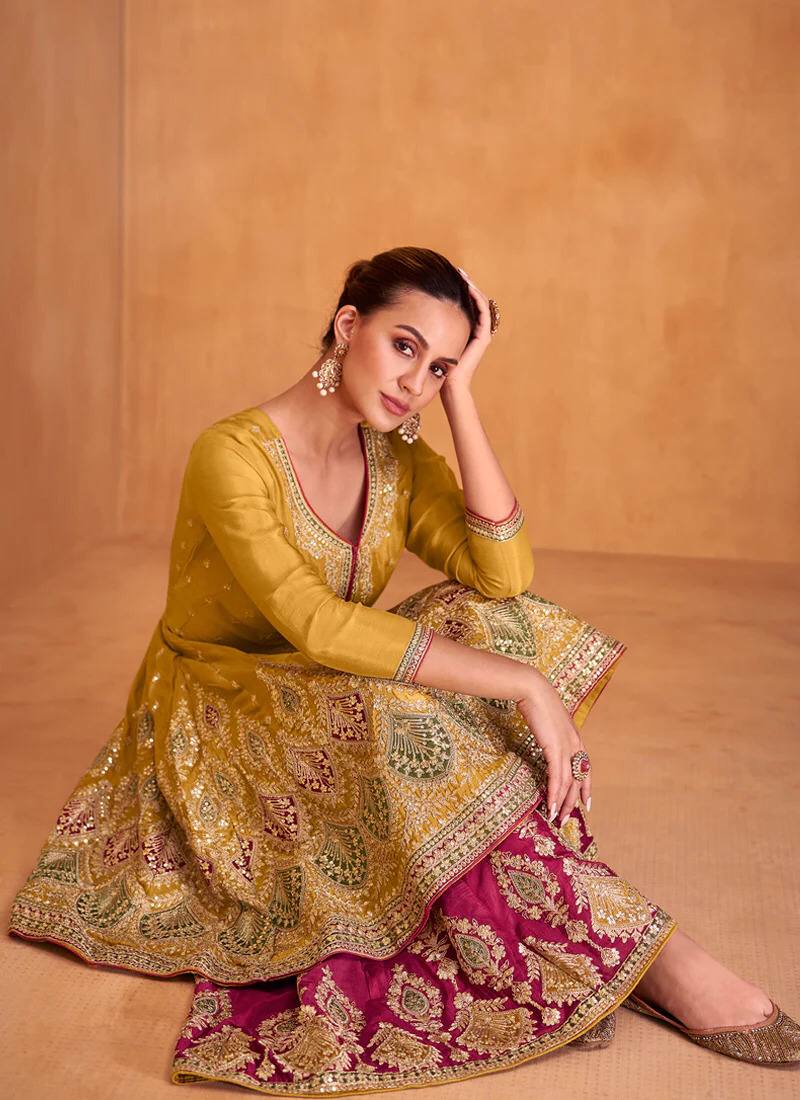 Lorenvalley Yellow Chinon Embroidery With Sequince Work Salwar Kameez Stitched