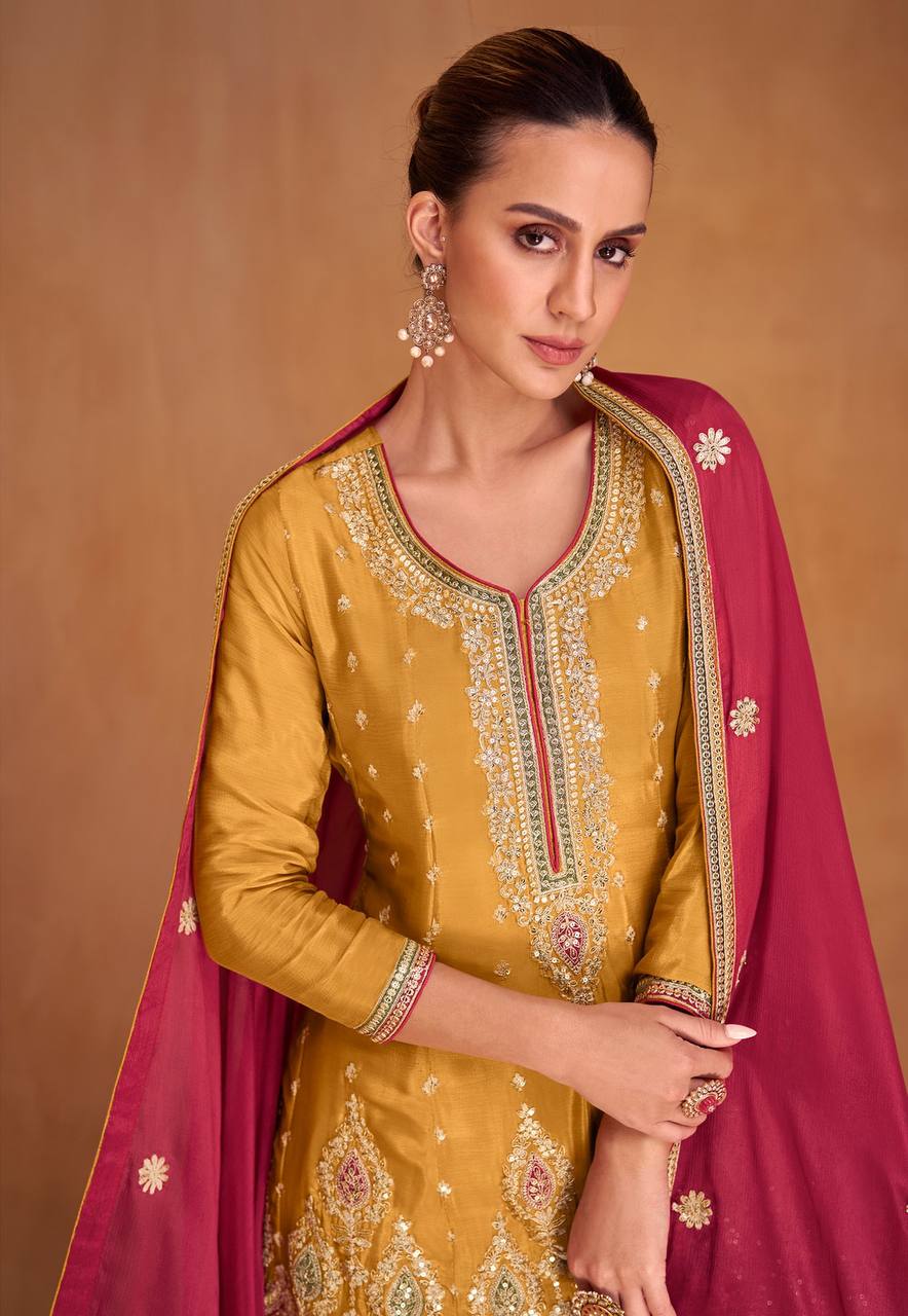 Lorenvalley Yellow Chinon Embroidery With Sequince Work Salwar Kameez Stitched