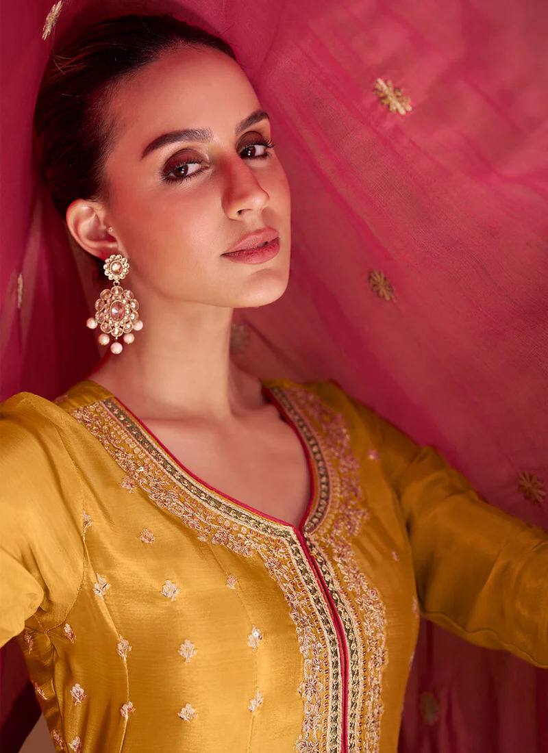 Lorenvalley Yellow Chinon Embroidery With Sequince Work Salwar Kameez Stitched