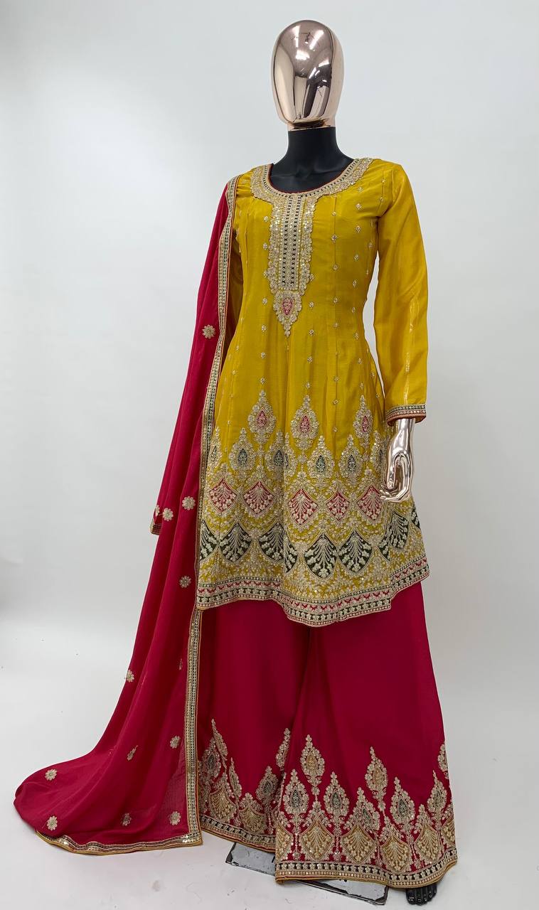 Lorenvalley Yellow Chinon Embroidery With Sequince Work Salwar Kameez Stitched