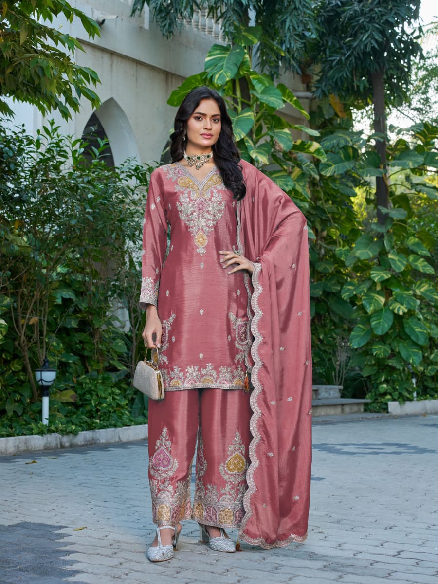 Anaita Peach Chinon Stitched Plazzo Suit With Dhaga & Sequence Work - Distacart
