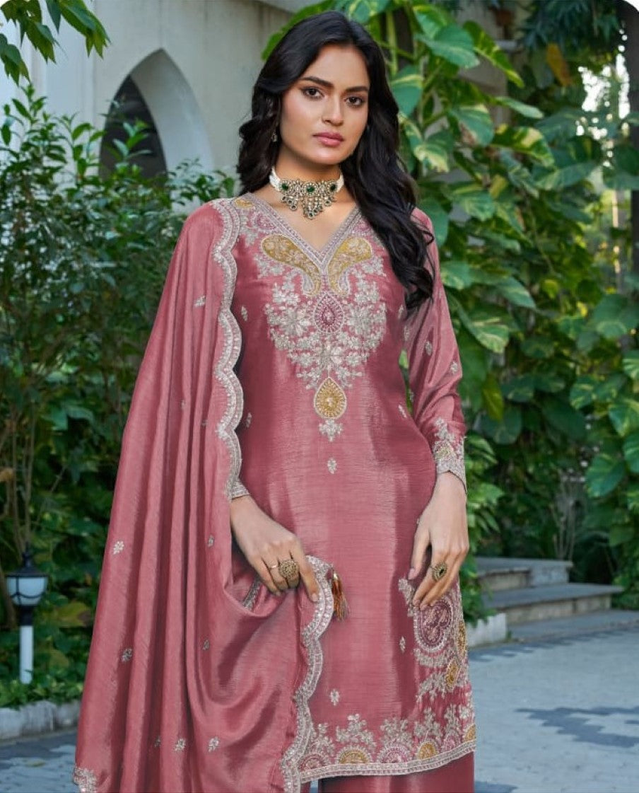 Anaita Peach Chinon Stitched Plazzo Suit With Dhaga & Sequence Work - Distacart