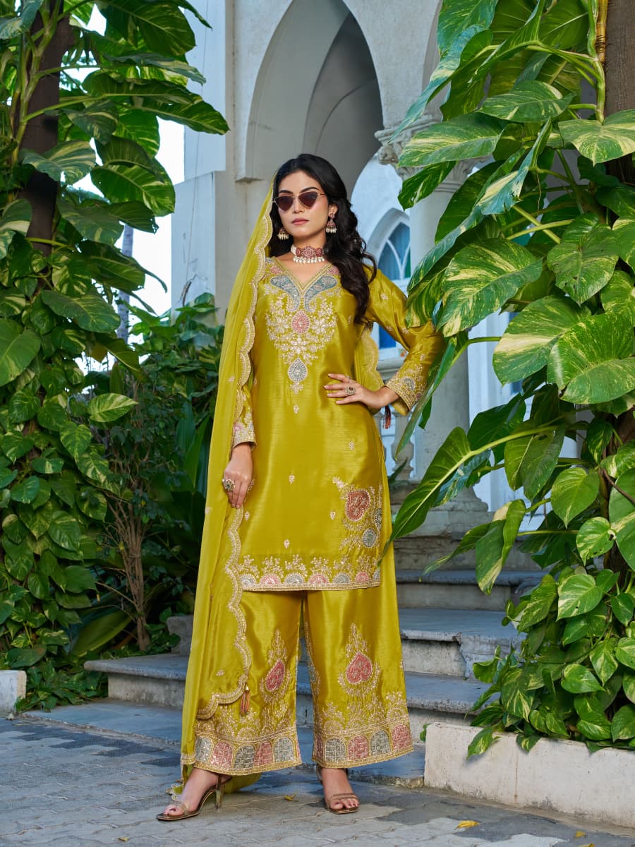 Anaita Mustard Chinon Stitched Plazzo Suit With Dhaga & Sequence Work - Distacart
