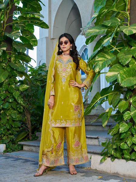 Anaita Mustard Chinon Stitched Plazzo Suit With Dhaga & Sequence Work