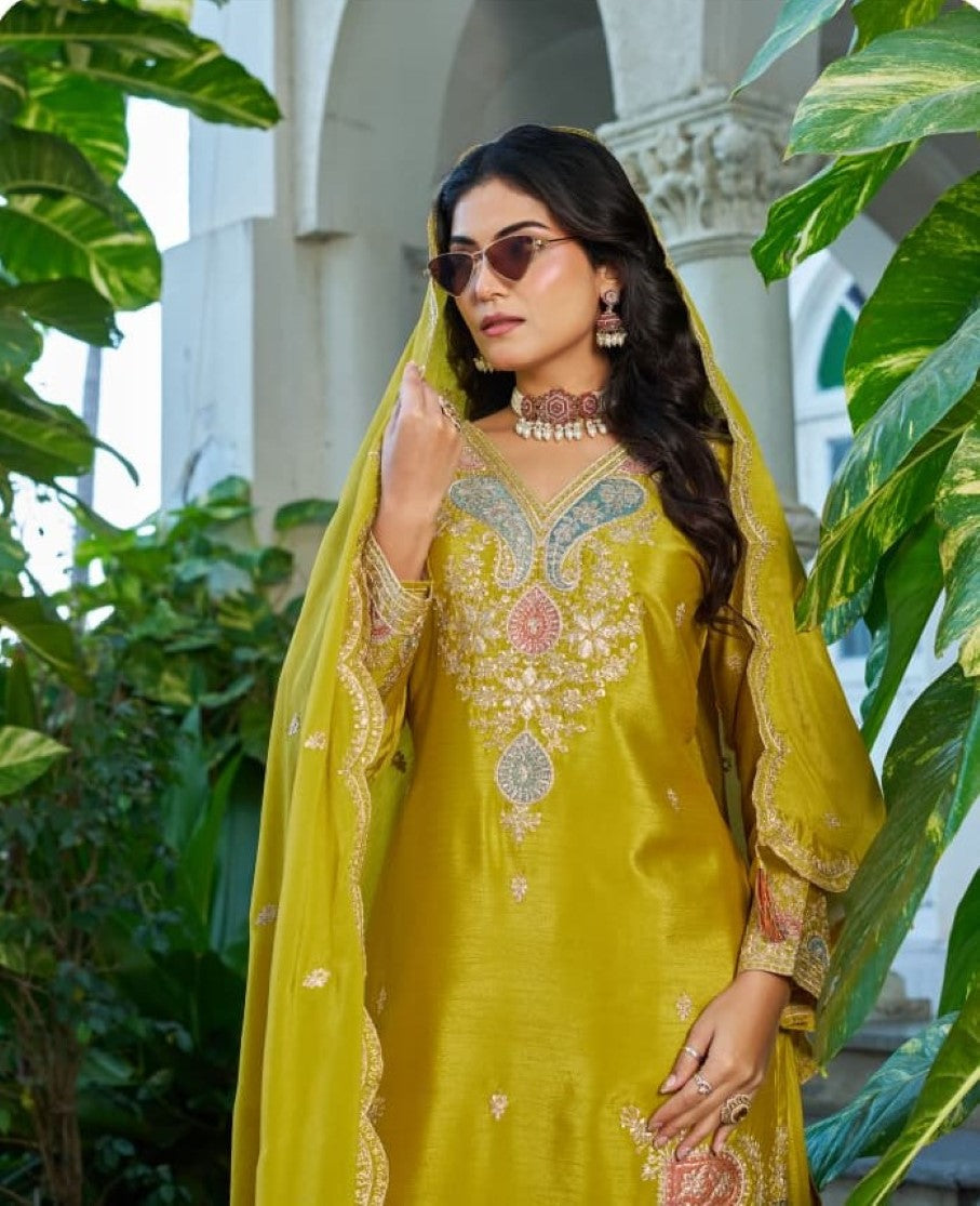 Anaita Mustard Chinon Stitched Plazzo Suit With Dhaga & Sequence Work - Distacart