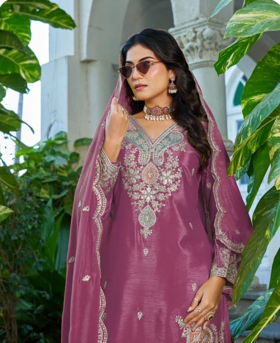 Anaita Magenta Chinon Stitched Plazzo Suit With Dhaga & Sequence Work - Distacart