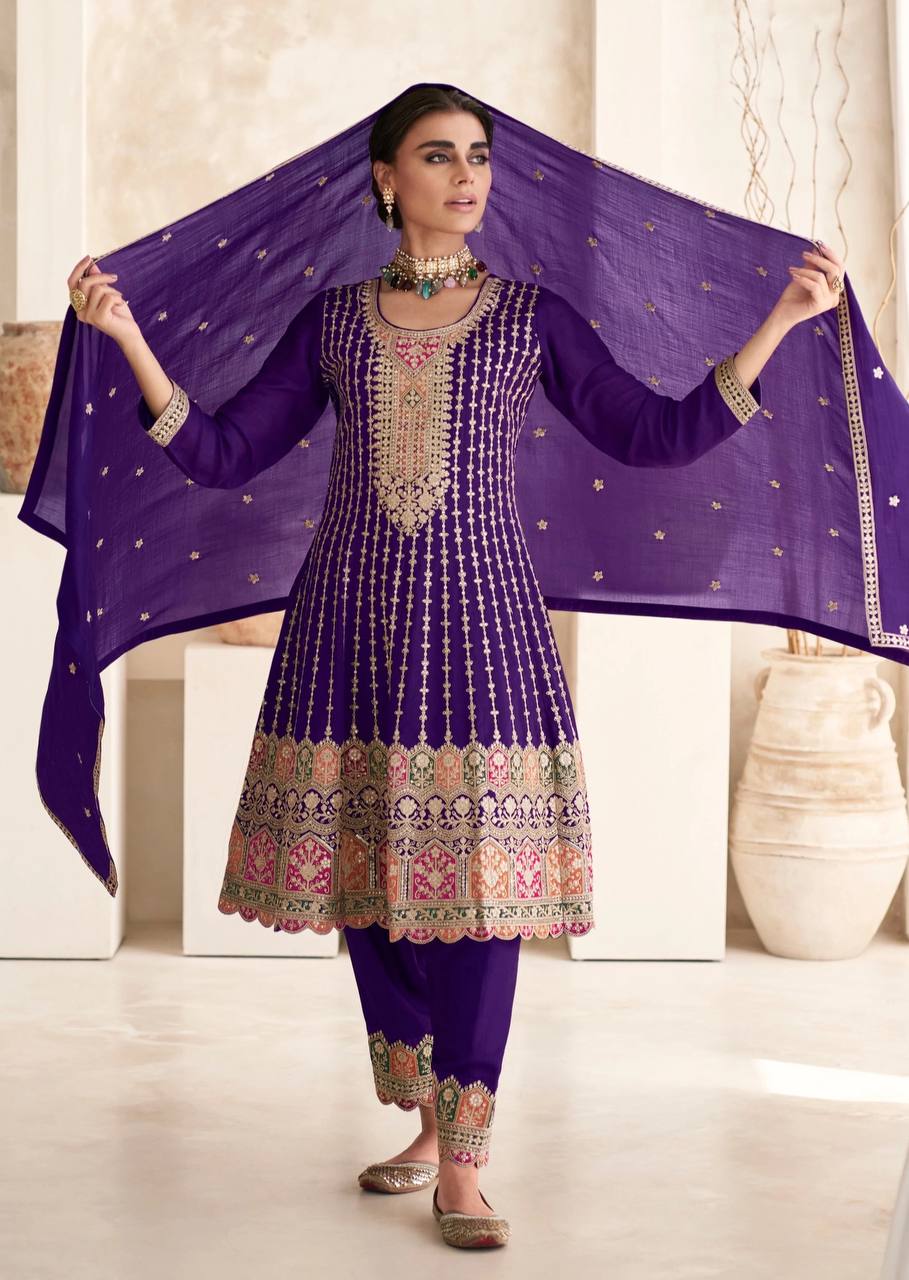 Lorenvalley Purple Chinon Embroidery With Sequince Work Salwar Kameez Stitched