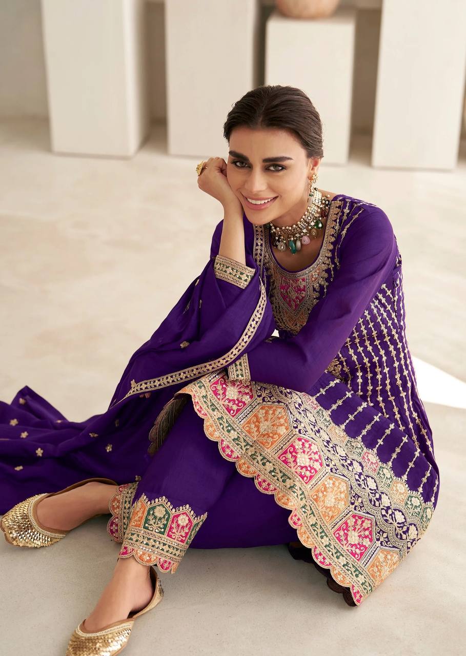 Lorenvalley Purple Chinon Embroidery With Sequince Work Salwar Kameez Stitched