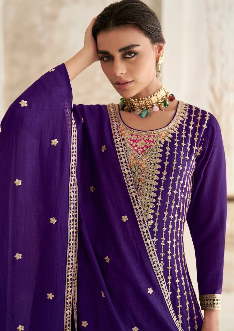 Lorenvalley Purple Chinon Embroidery With Sequince Work Salwar Kameez Stitched