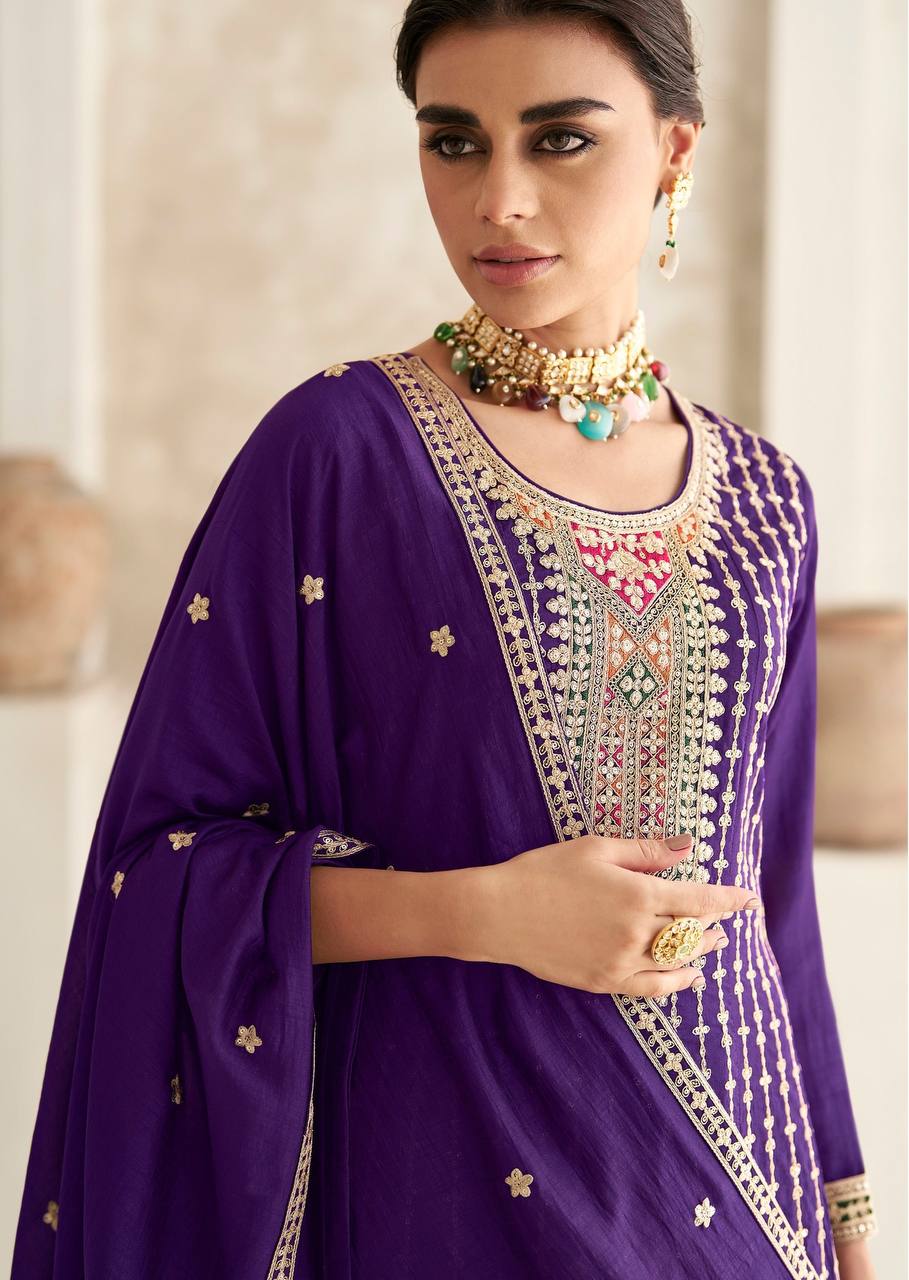 Lorenvalley Purple Chinon Embroidery With Sequince Work Salwar Kameez Stitched