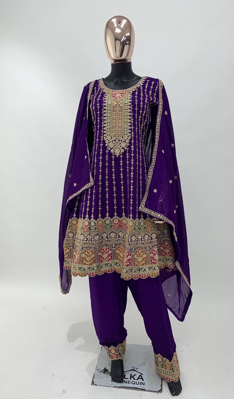 Lorenvalley Purple Chinon Embroidery With Sequince Work Salwar Kameez Stitched